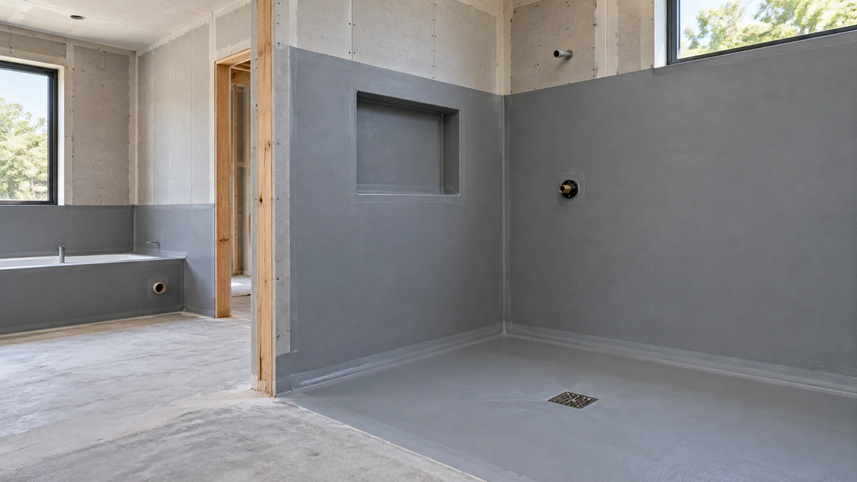 Illustration of bathroom waterproofing membrane across shower walls and floor before tiling
