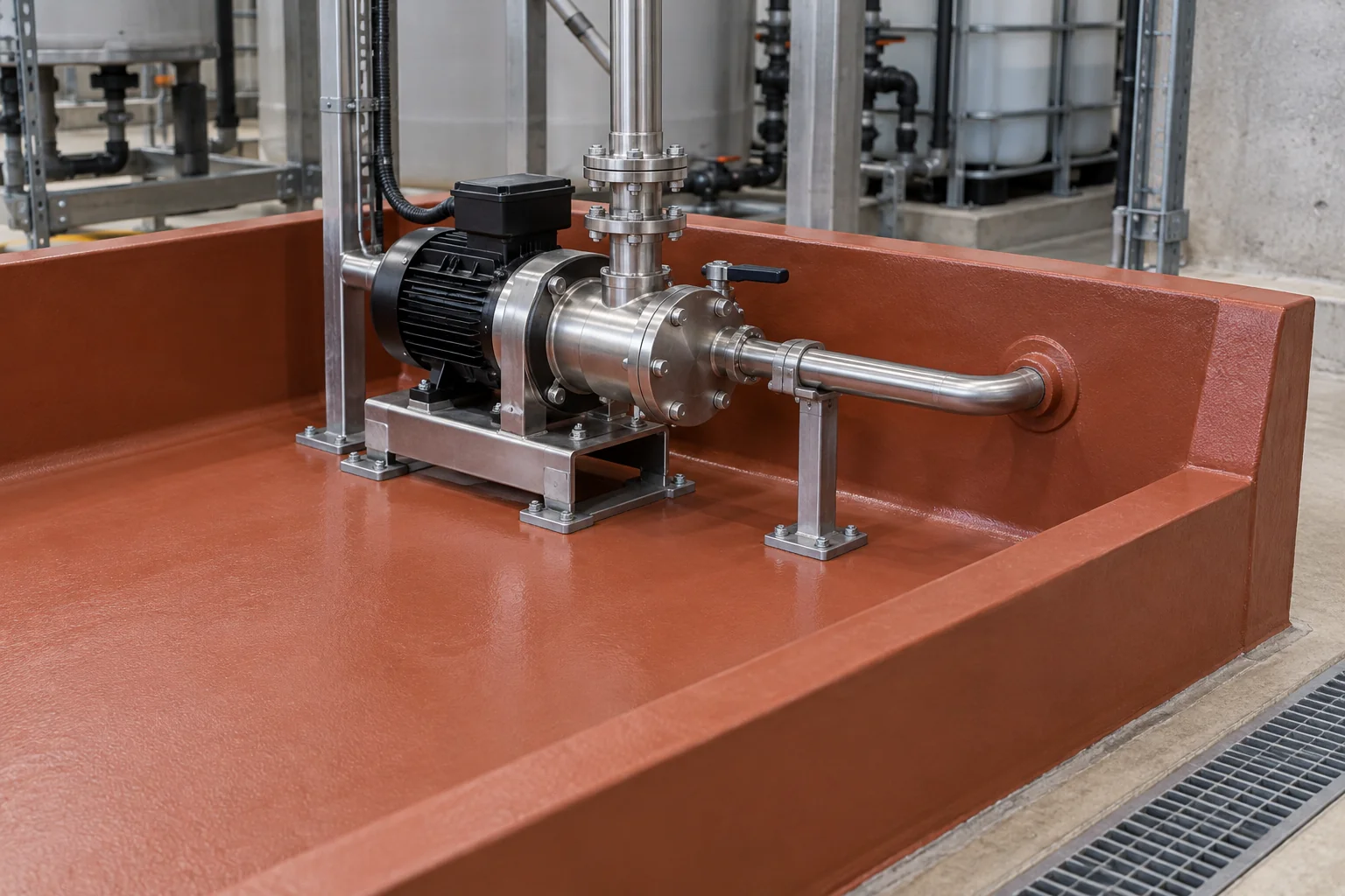 A lined containment bund illustrates coving, vertical returns and pipe penetrations that must be included in the chemical-protection design.