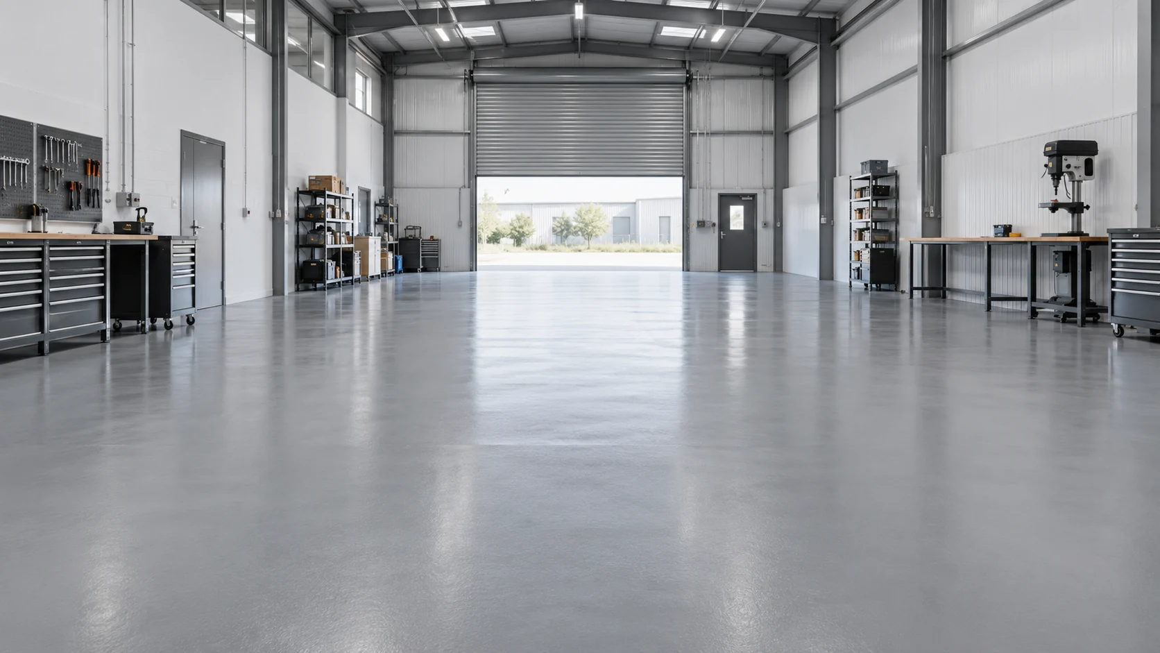 Illustrative workshop with a grey resin-coated concrete floor