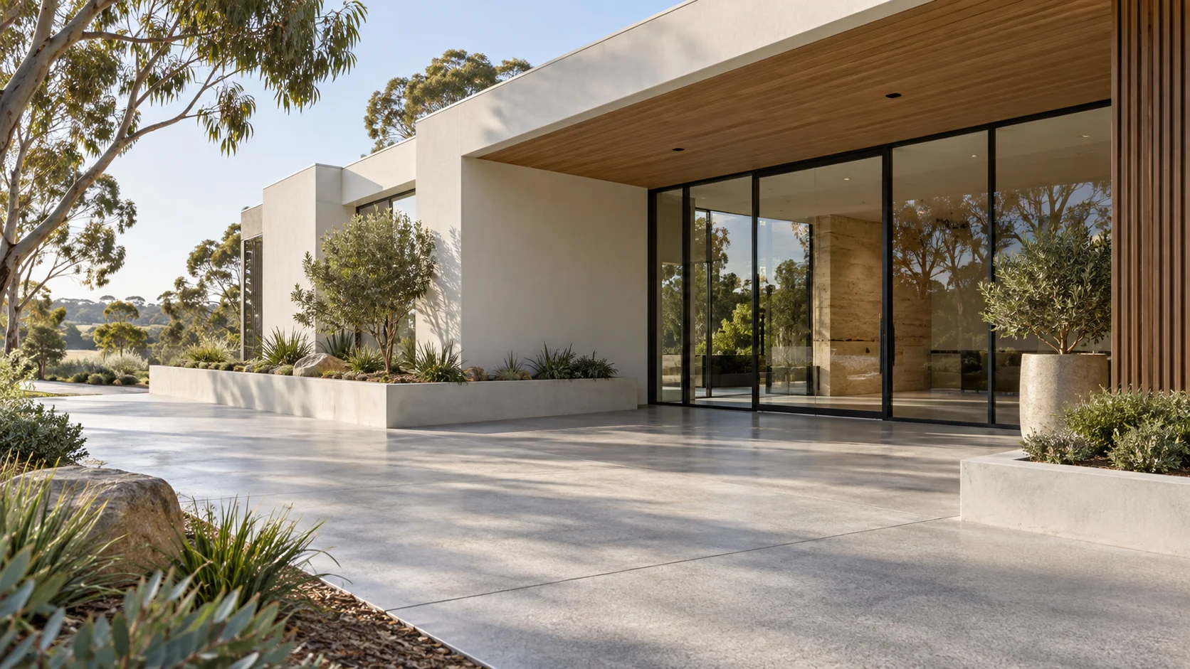Illustrative contemporary building with coated concrete, rendered walls and timber finishes