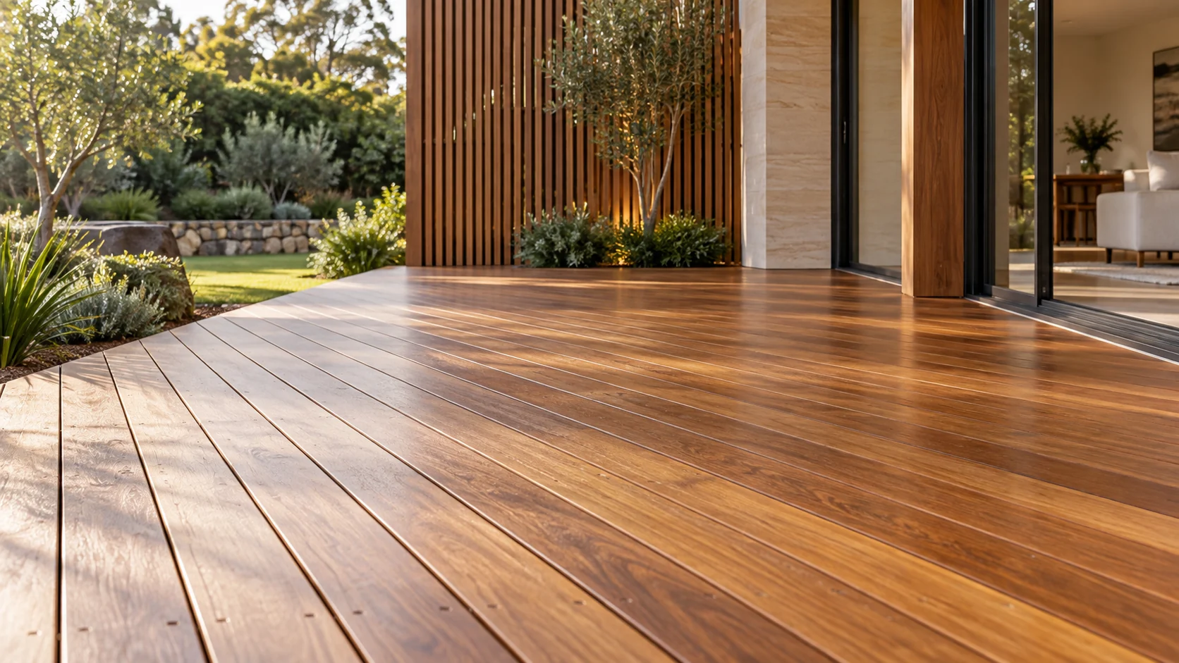 Illustrative timber deck and screen showing a natural satin finish
