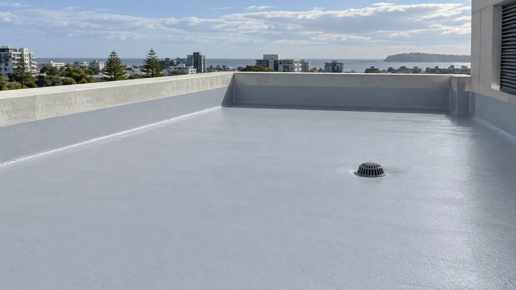 Illustrative coated rooftop with waterproofing at parapets and drainage