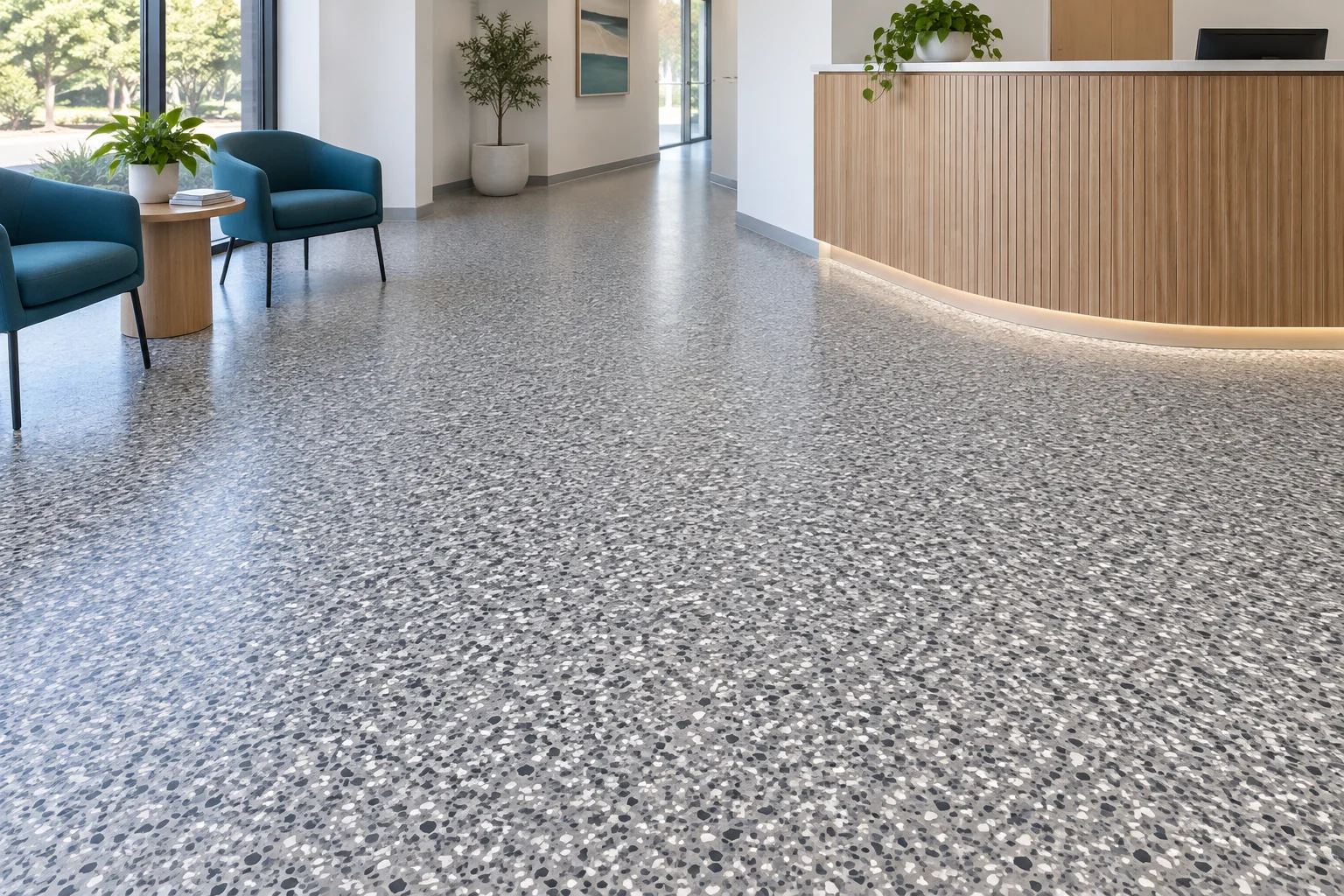 Illustrative decorative flake floors application