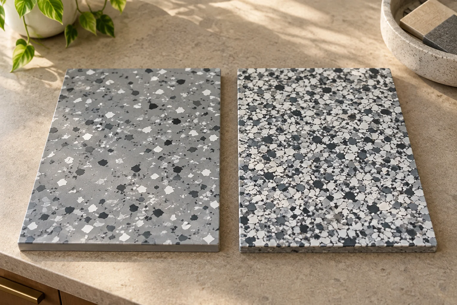 Illustrative samples: partial flake on the left leaves the base visible; full flake on the right uses dense coverage. Confirm real blends and sheen with ALKA samples.