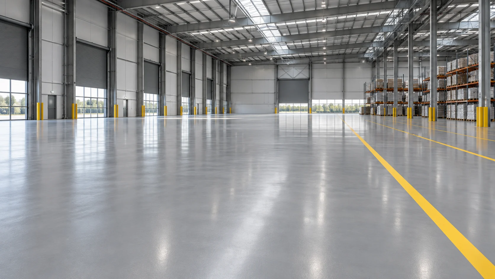 Illustrative resin-coated industrial floor with defined traffic routes