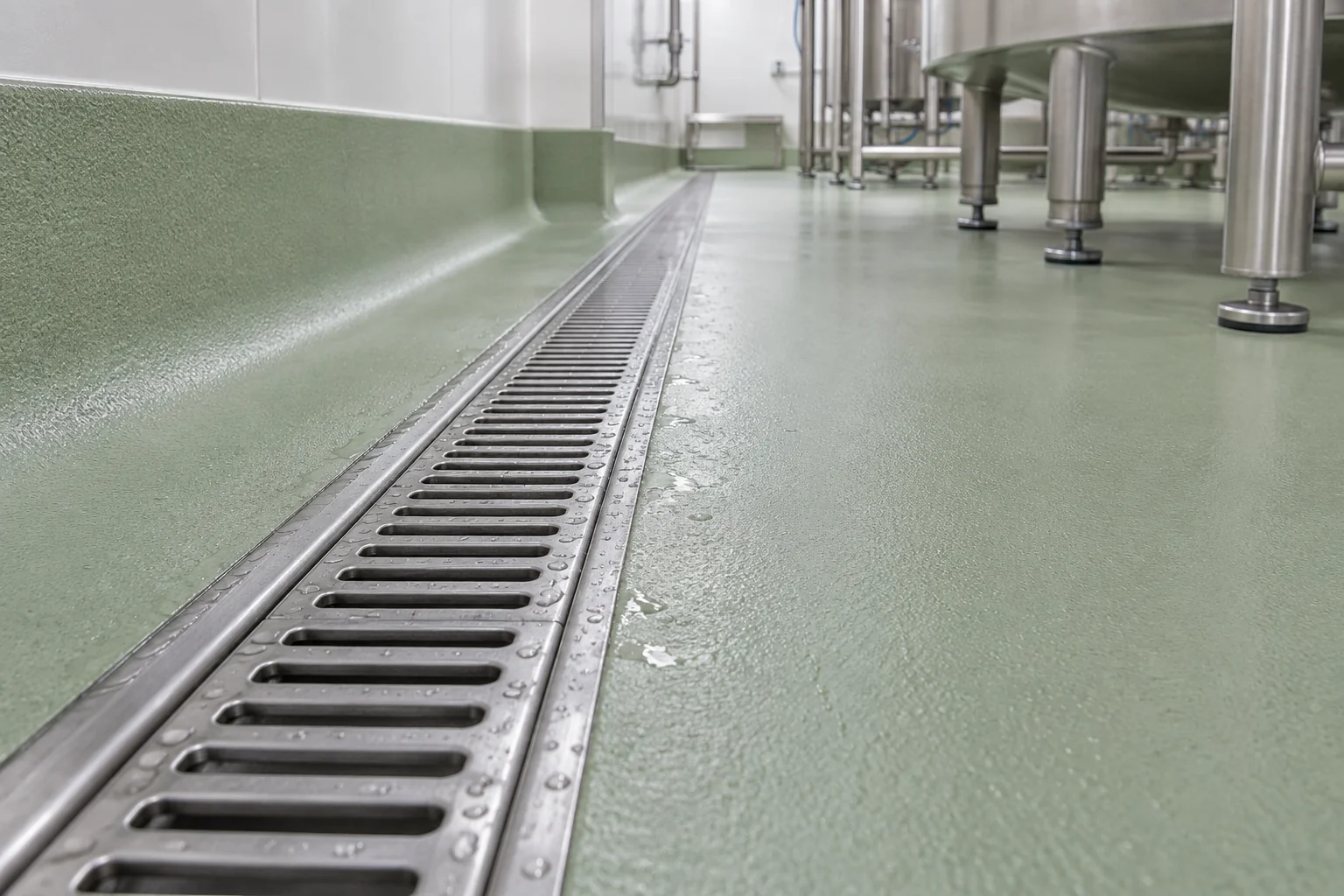 Coving and drain interfaces are integral to a cleanable food-processing floor, alongside the surface texture.