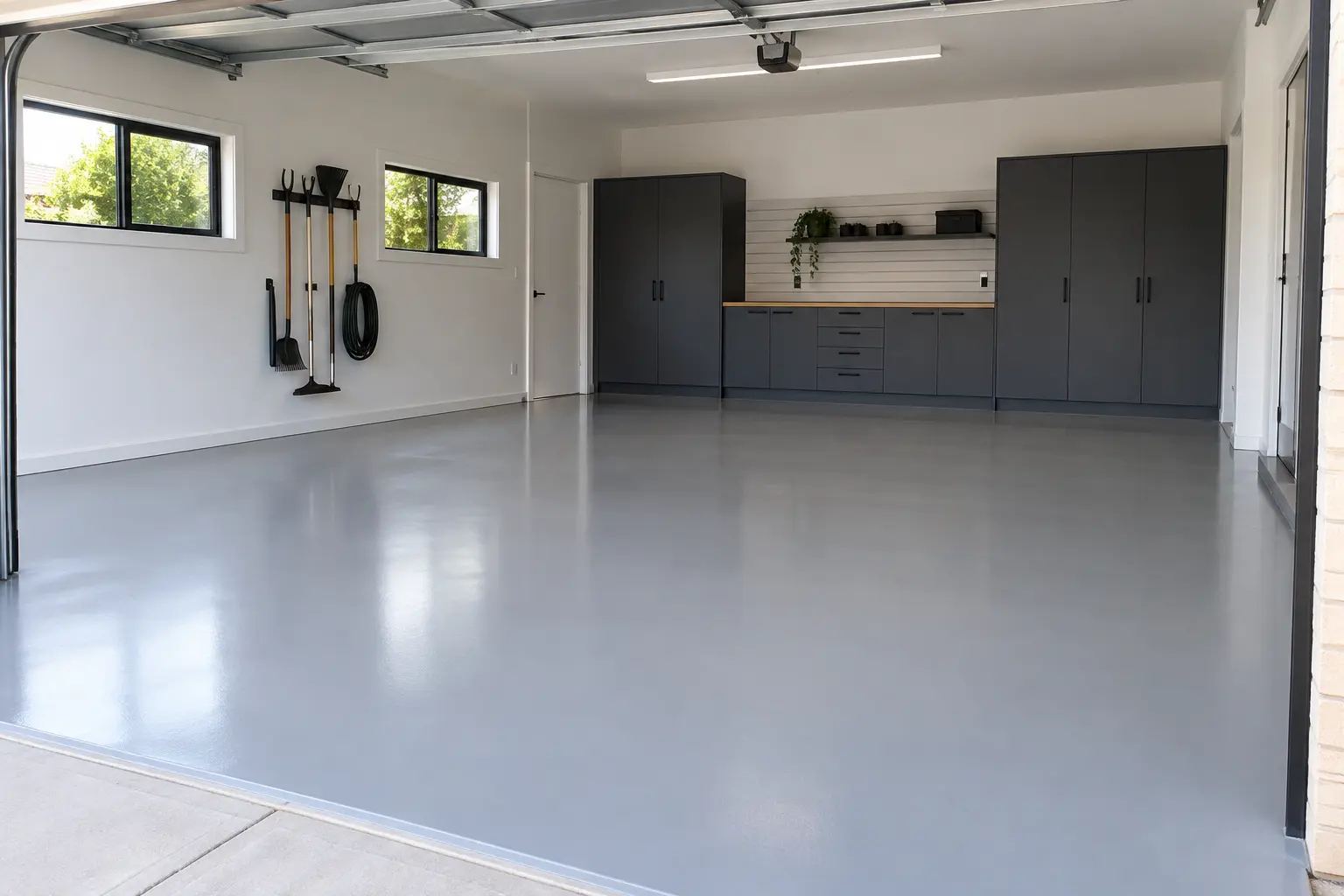 AI-generated visualisation of a clean garage with solid-grey resin flooring