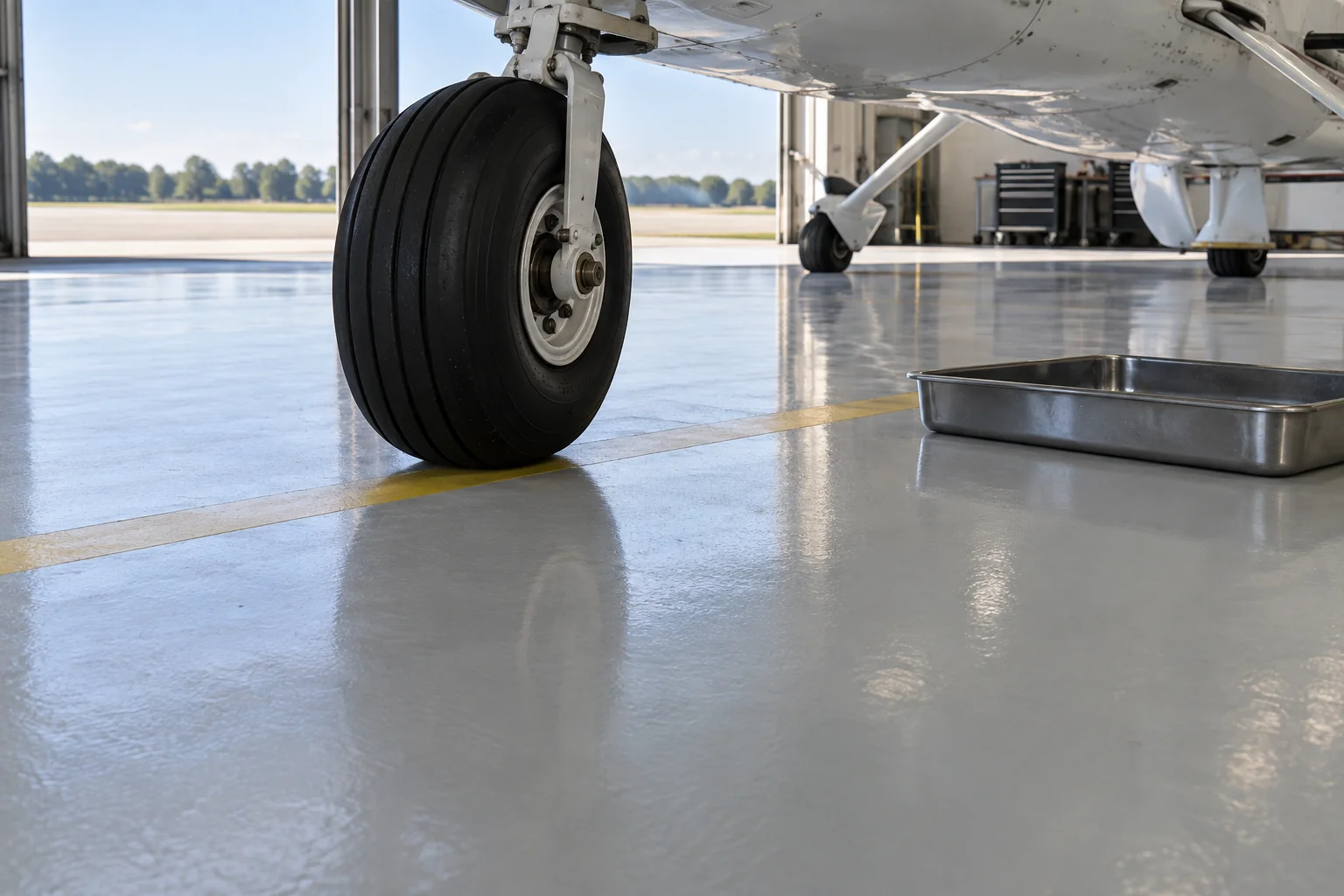 Aircraft tyre contact, drip control and the sunlit hangar opening illustrate different demands within one floor area.