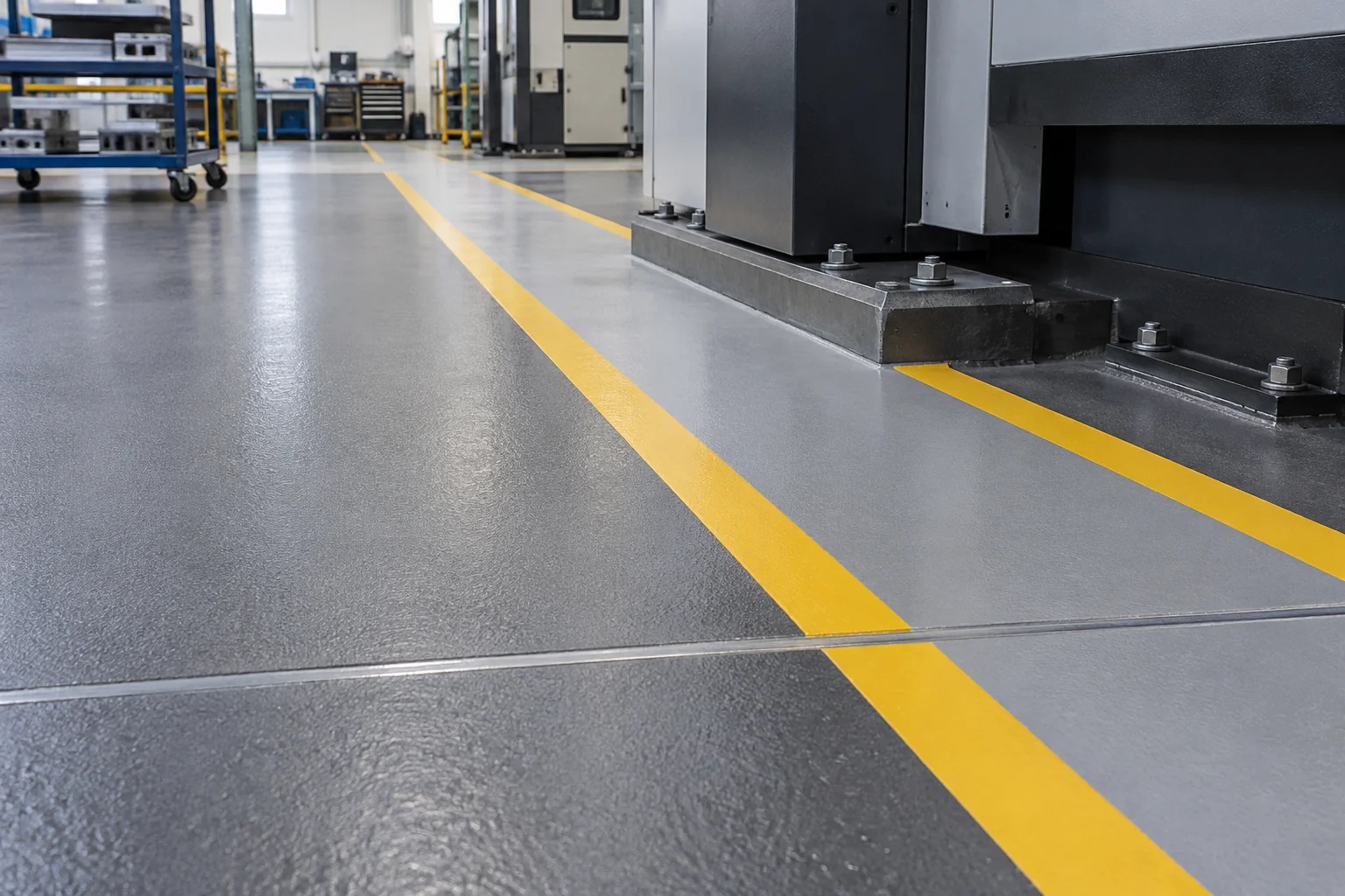 Machine plinths, fixing points, traffic lines and joints concentrate wear and require coordinated detailing.