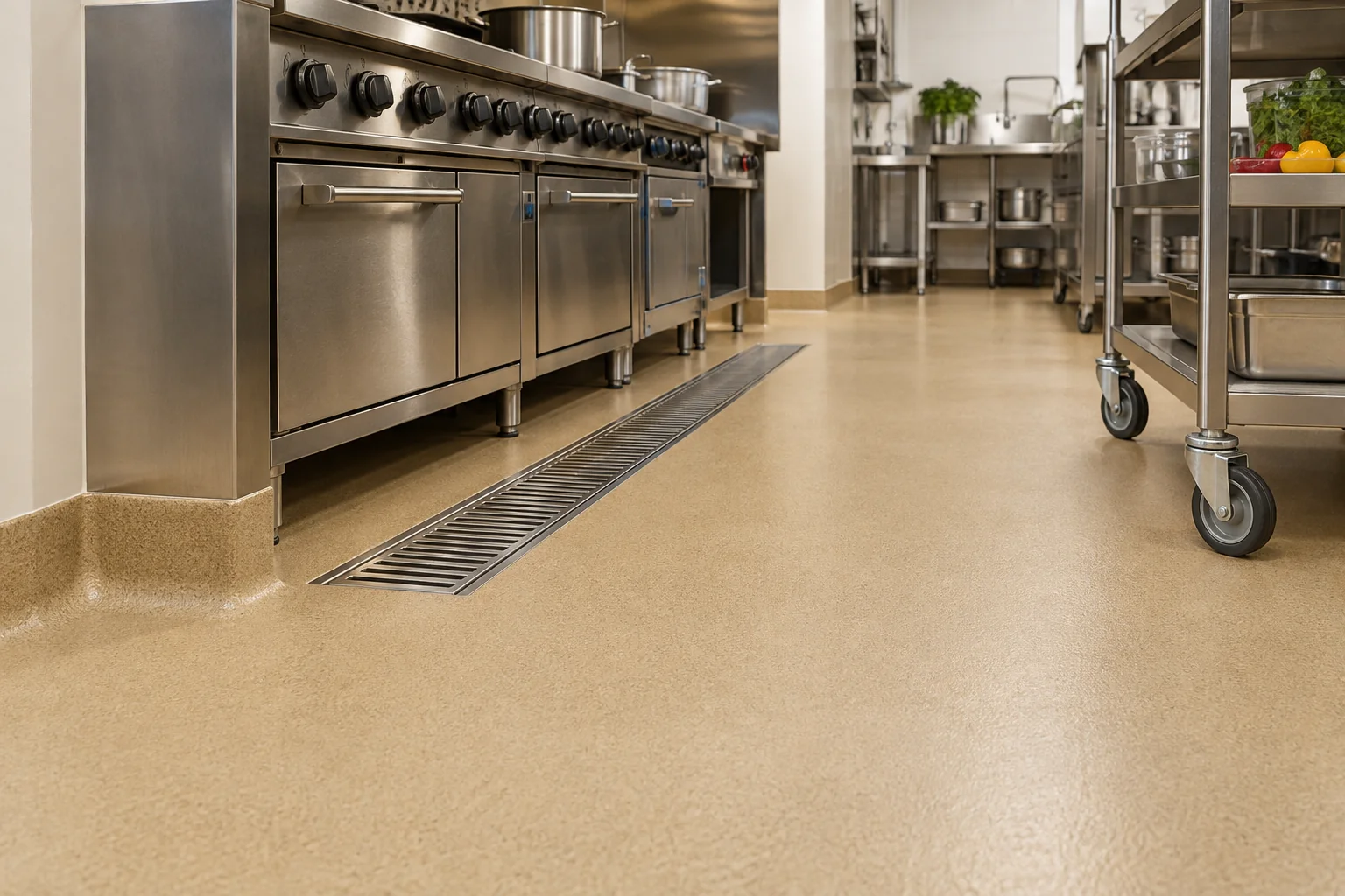 Cookline drainage, trolley contact and coving need to work together with the floor texture and cleaning routine.