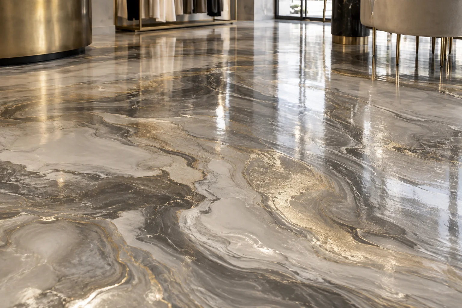 Metallic pigments create flowing variation; the approved sample establishes the colour direction rather than an identical repeat pattern.