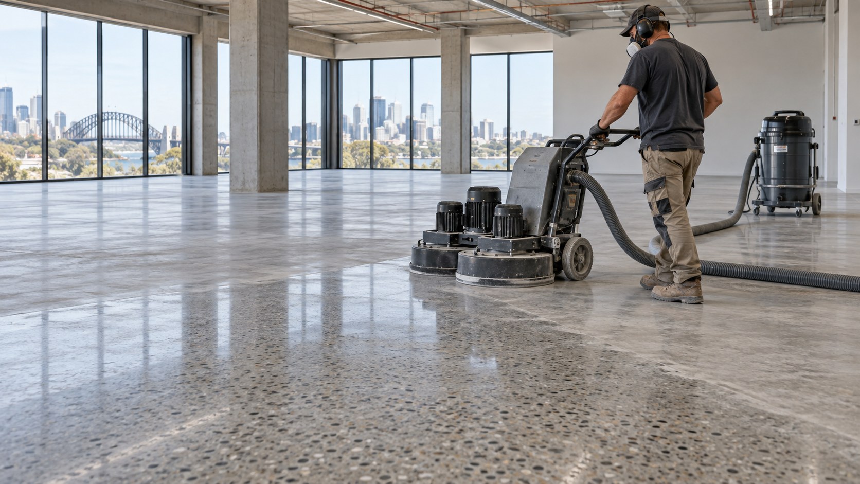 AI-generated illustration of a technician operating a concrete grinding machine with dust extraction