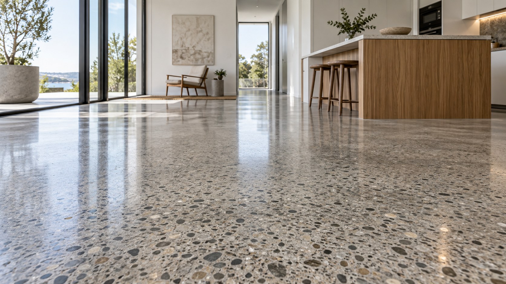AI-generated residential concept showing exposed aggregate in a polished concrete kitchen floor