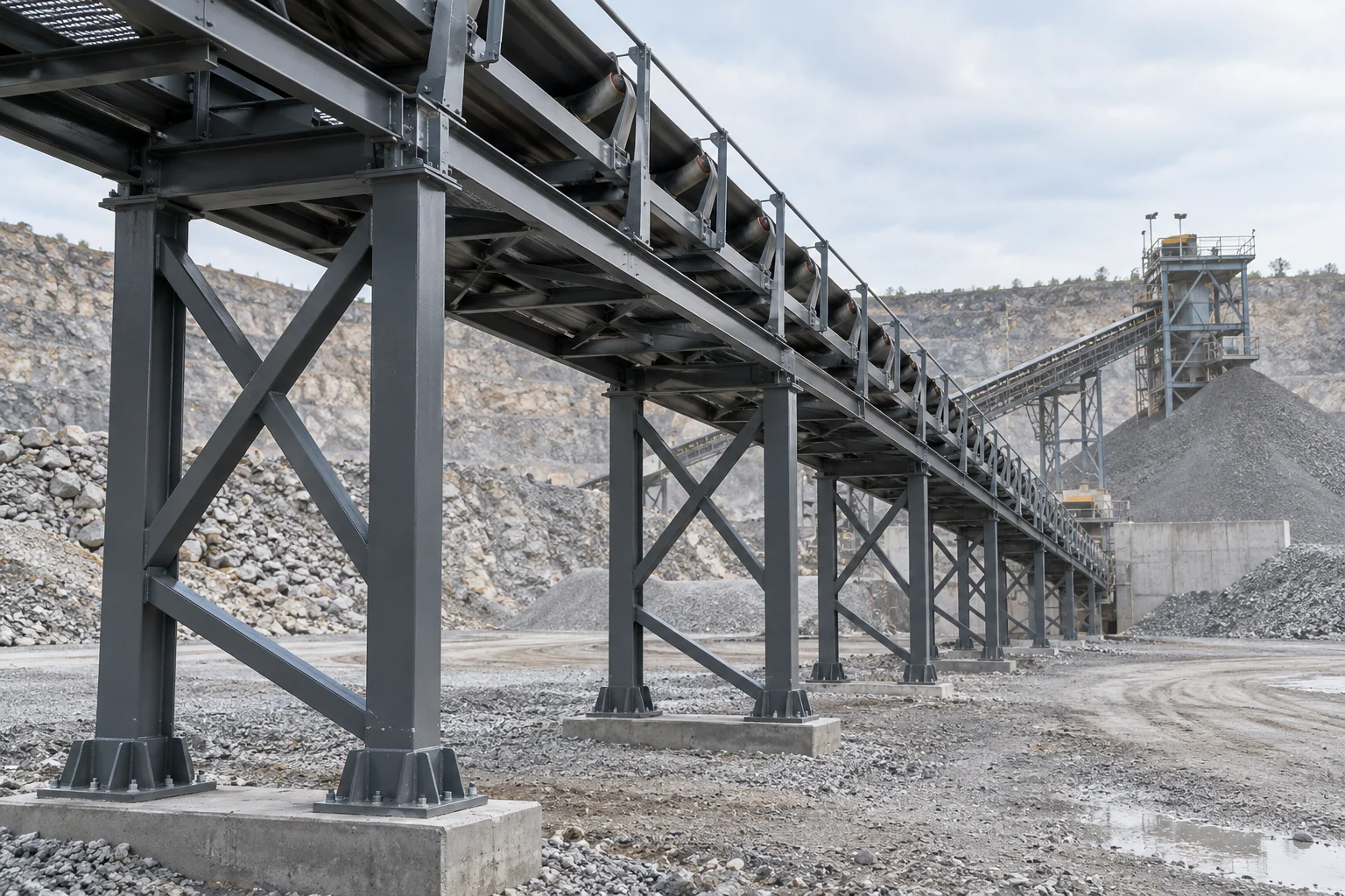 Severe-duty conveyor and process-plant steelwork — AI illustration