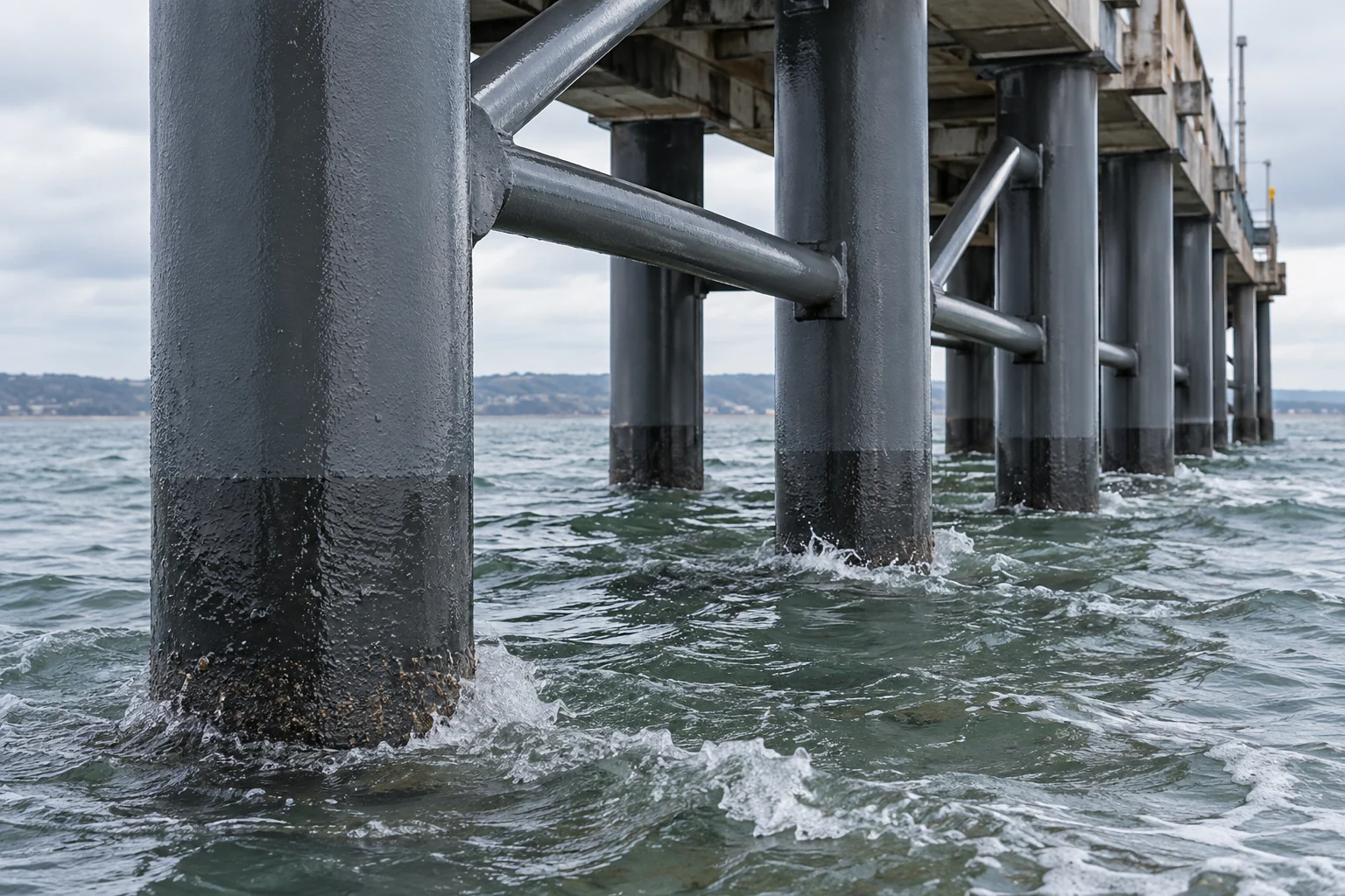 Marine piles exposed to splash and tidal conditions — AI illustration