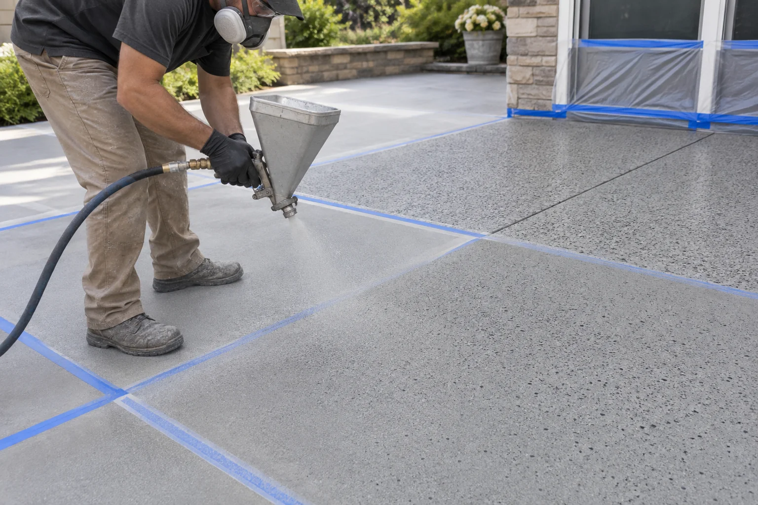 Illustration of a contractor applying a textured decorative coating to a prepared and masked concrete area