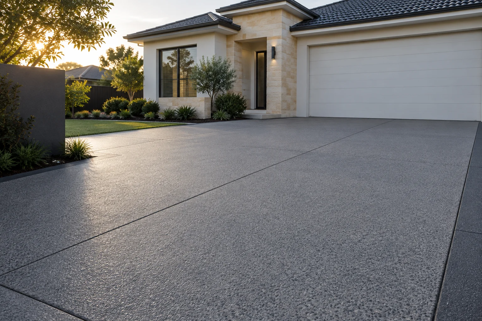 Illustrative textured concrete driveway with a contrasting charcoal border