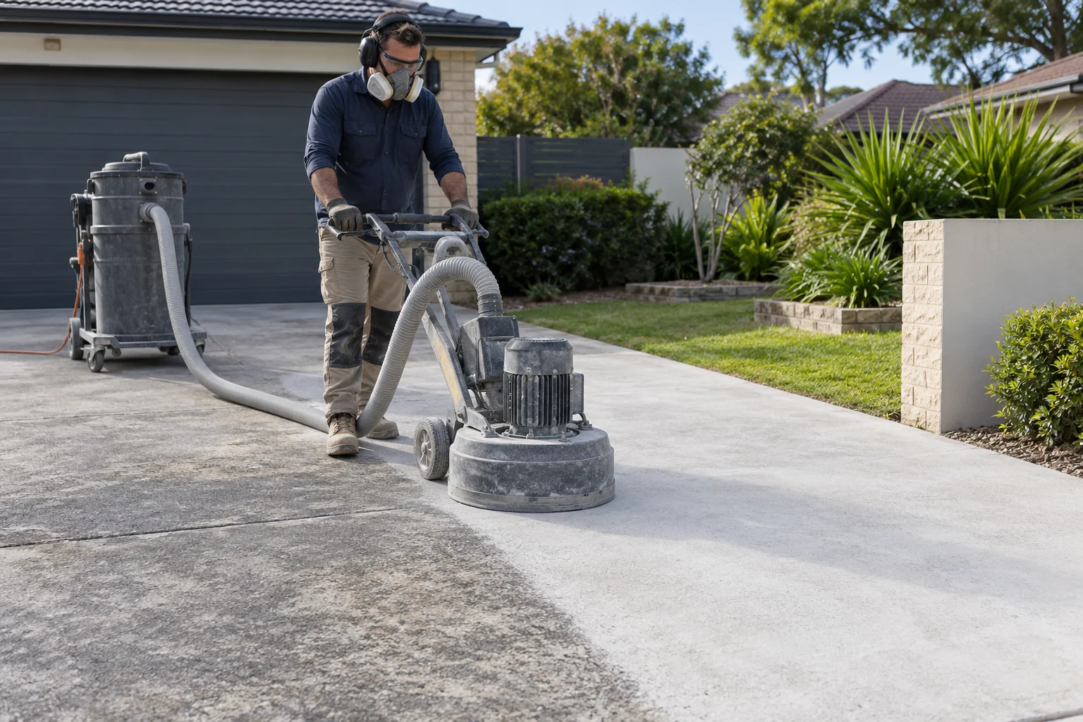 Illustration of a contractor mechanically preparing an outdoor concrete slab with a grinder connected to dust extraction