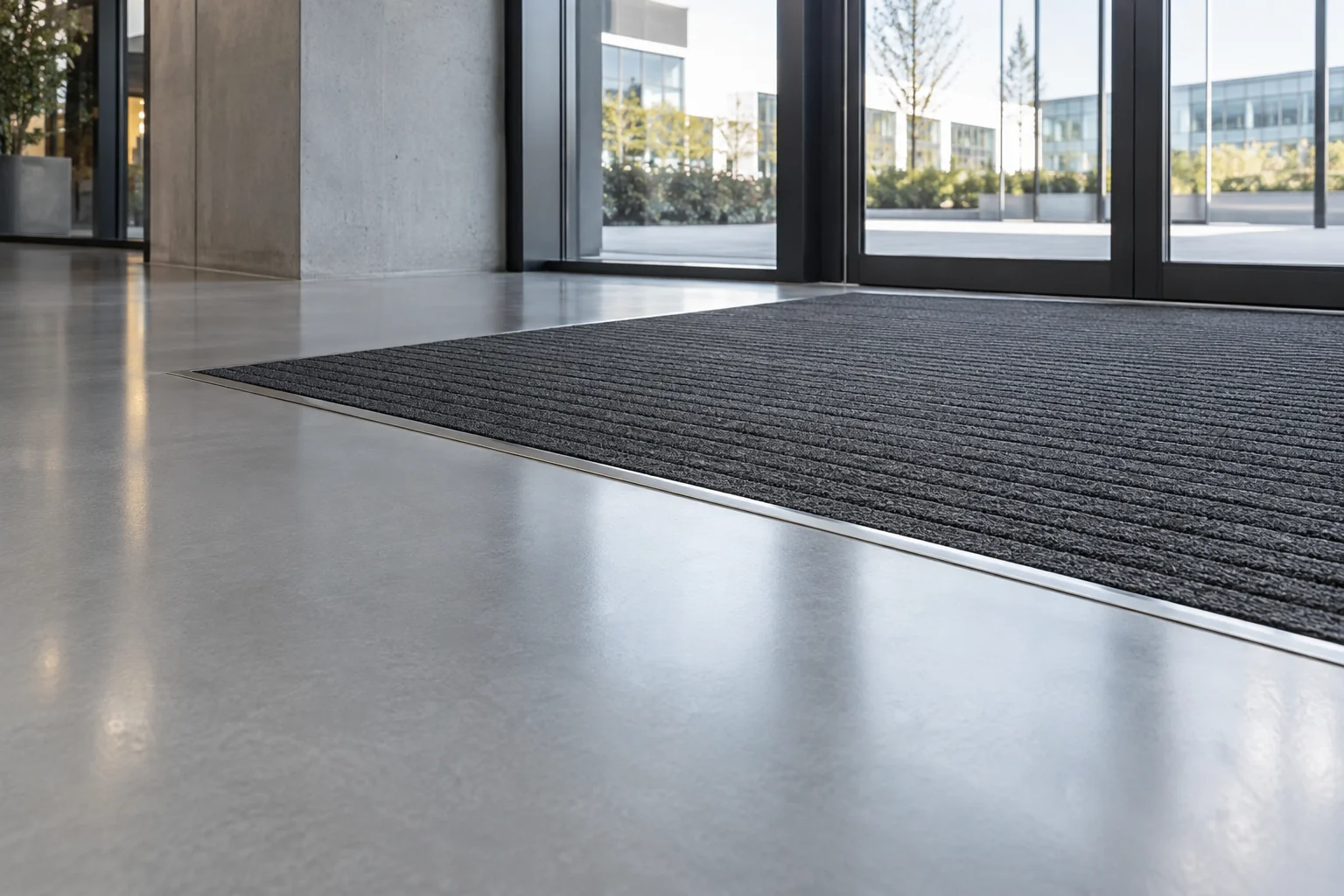 A flush entrance-mat transition helps control tracked-in grit and water before they reach the main coated floor.