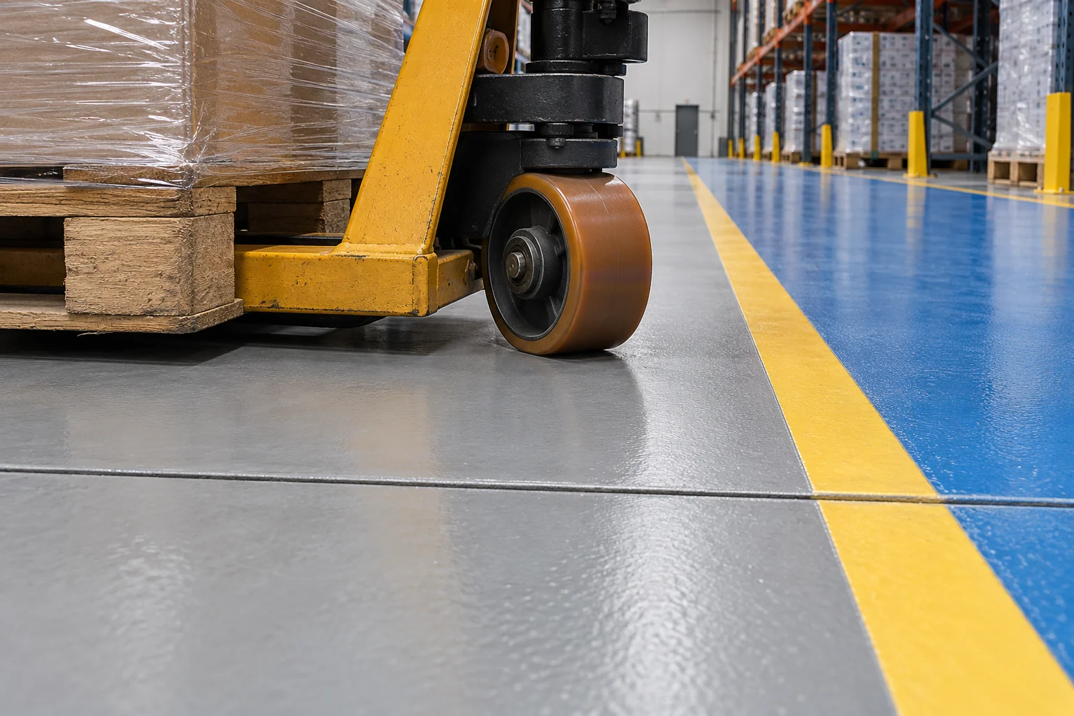 Pallet-jack wheels, pedestrian routes and joints help define the specification of a working warehouse floor.