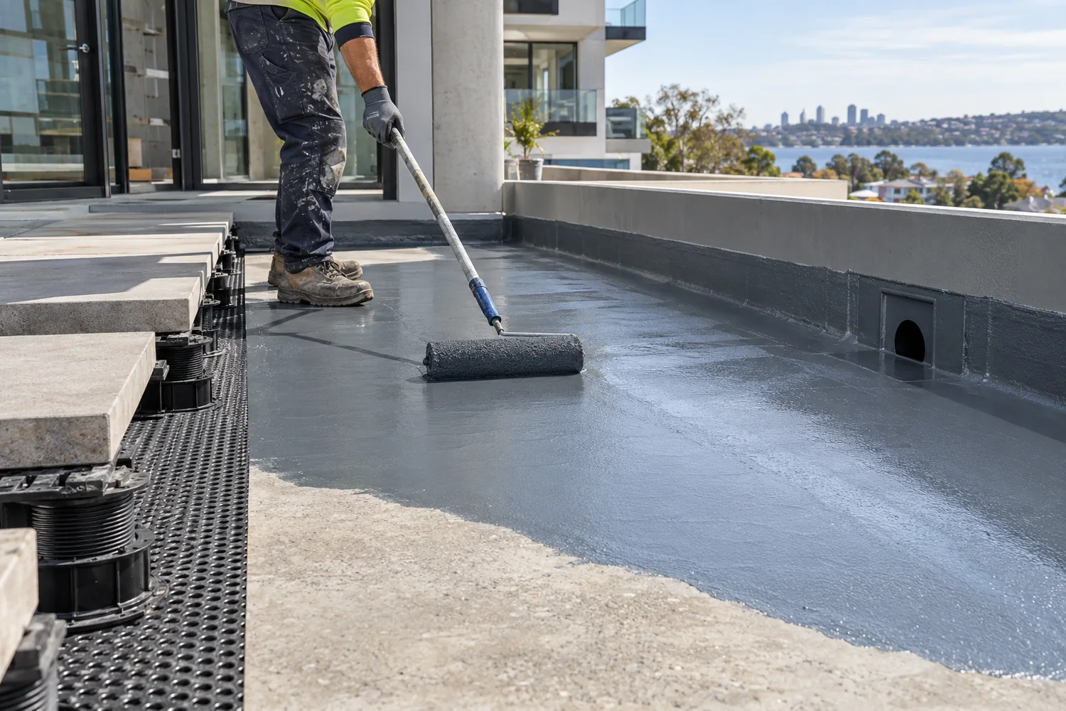 Applicator waterproofing an external pedestrian deck beside raised pavers