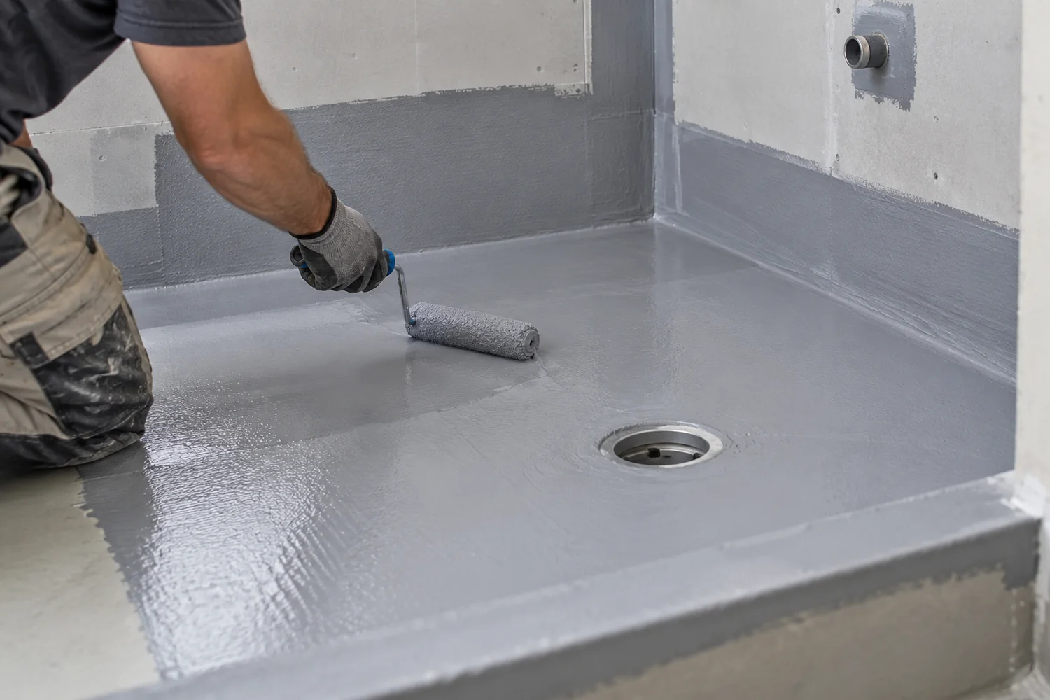 Applicator rolling waterproofing membrane across a bathroom shower floor before tiling