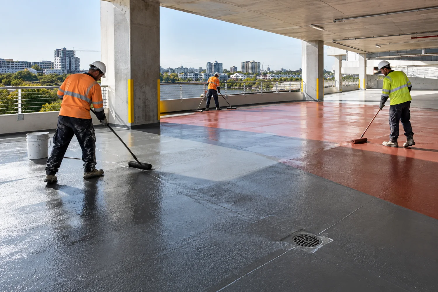 Applicators applying a waterproof membrane and traffic coating to a vehicle deck