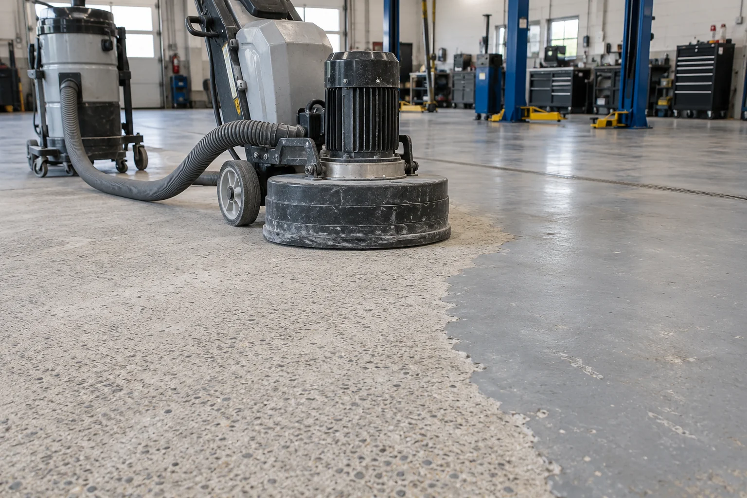 Mechanical preparation exposes a sound concrete surface before the workshop coating is applied.
