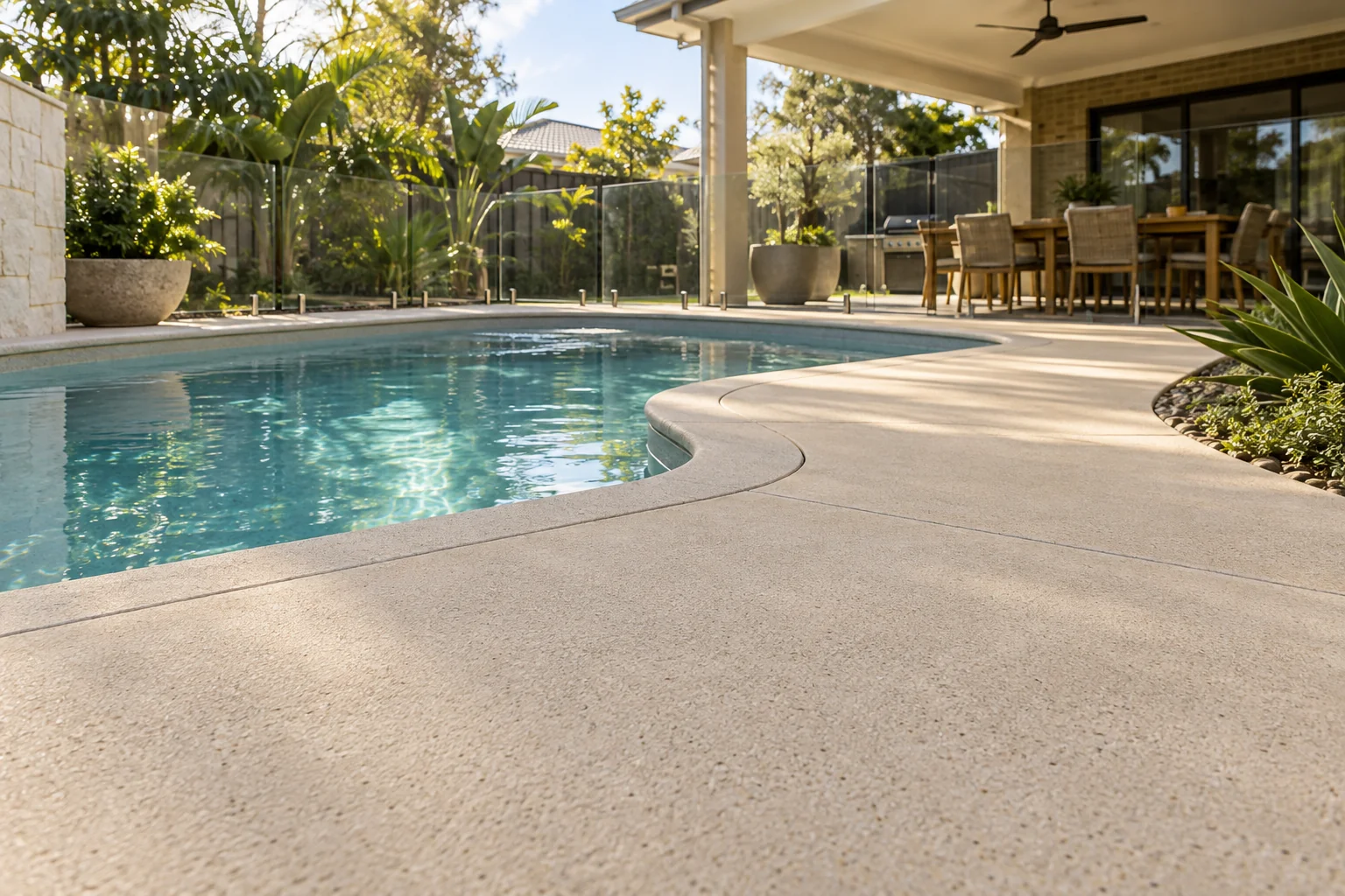 Design illustration of a light sandstone-coloured textured concrete pool surround and patio