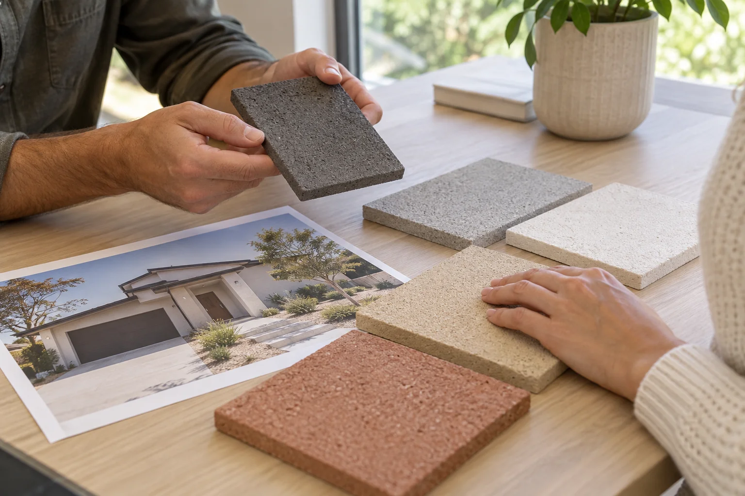 Illustration of a homeowner comparing textured grey, cream and terracotta finish samples with a photograph of a house